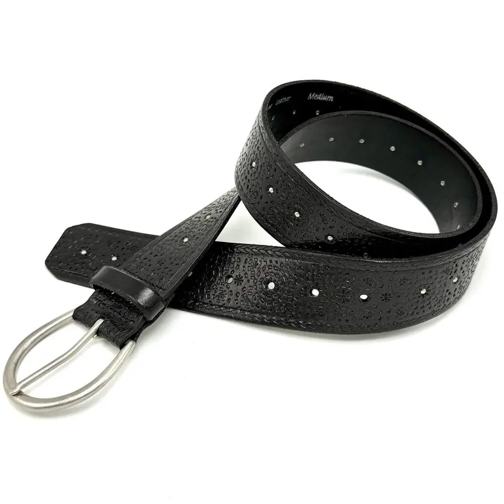 Fossil Boho Western Belt M 30-36 Black Tooled Leather Studded Hippie Cowgirl